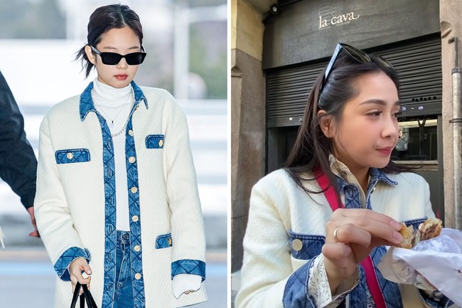 Saat berlibur ke Barcelona, Nagita Slavina mengenakan blazer serupa dengan Jennie BLACKPINK. Atasan ‘Chelby Tweed & Denim Blazer’ adalah koleksi brand Sandro, yang bernilai 545 dollar atau sekitar Rp 7,7 juta di situs Nordstrom. Foto: dok Naver, dok YouTube RANS Entertainment