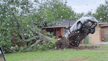 Efek domino alami: “Badai merobohkan pohon yang akarnya mengangkat mobil yang diparkir di sebelahnya.” Foto: Brightside