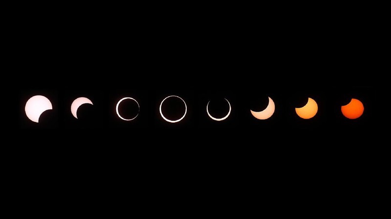 GRAND CANYON NATIONAL PARK, AZ - MAY 20:  A composite of images of the first annular eclipse seen in the U.S. since 1994 shows several stages, left to right, as the eclipse passes through annularity and the sun changes color as it approaches sunset on May 20, 2012 in Grand Canyon National Park, Arizona. Differing from a total solar eclipse, the moon in an annular eclipse appears too small to cover the sun completely, leaving a ring of fire effect around the moon. The eclipse is casting a shallow path crossing the West from west Texas to Oregon then arcing across the northern Pacific Ocean to Tokyo, Japan. (Photo by David McNew/Getty Images)