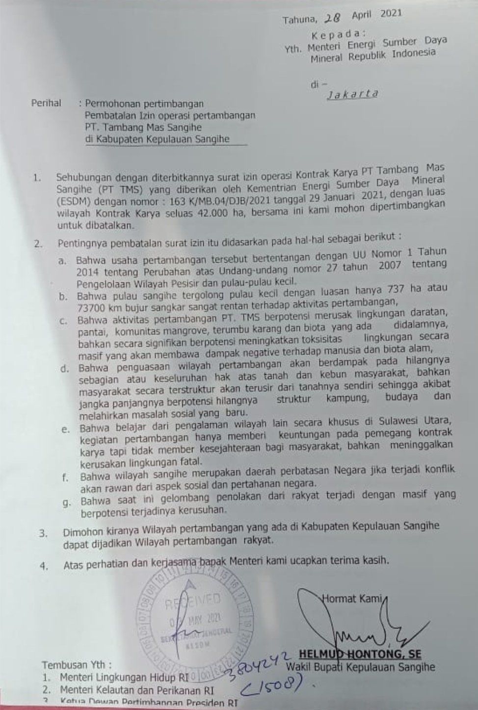 Surat Wabup Sangihe Helmud Hontong yang ditujukan kepada Menteri ESDM Arifin Tasrif agar izin operasi pertambangan di Sangihe dibatalkan (dok Istimewa)