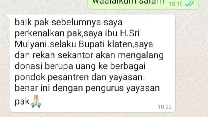 Tangkapan layar chat WA catut nama Bupati Klaten minta donasi