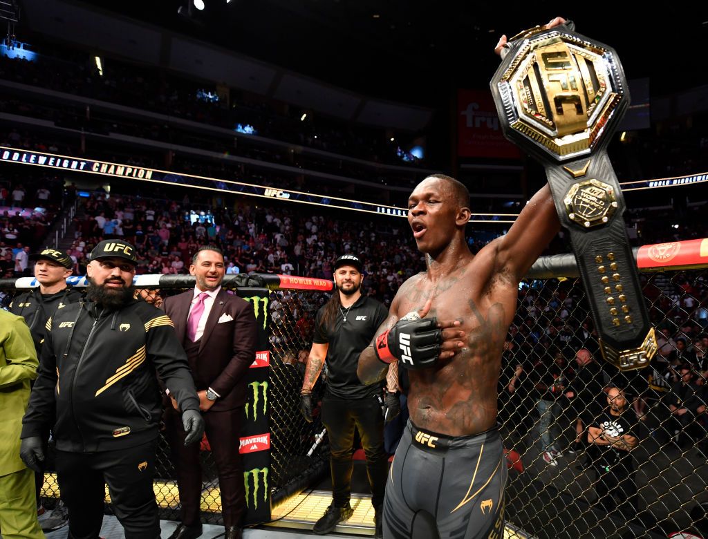 GLENDALE, ARIZONA - JUNE 12: Israel Adesanya of Nigeria reacts after his victory over Marvin Vettori of Italy in their UFC middleweight championship fight during the UFC 263 event at Gila River Arena on June 12, 2021 in Glendale, Arizona. (Photo by Jeff Bottari/Zuffa LLC)