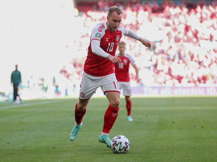 Christian Eriksen COPENHAGEN, DENMARK - JUNE 12: Christian Eriksen of Denmark in action during the UEFA Euro 2020 Championship Group B match between Denmark and Finland on June 12, 2021 in Copenhagen, Denmark. (Photo by Friedemann Vogel - Pool/Getty Images)