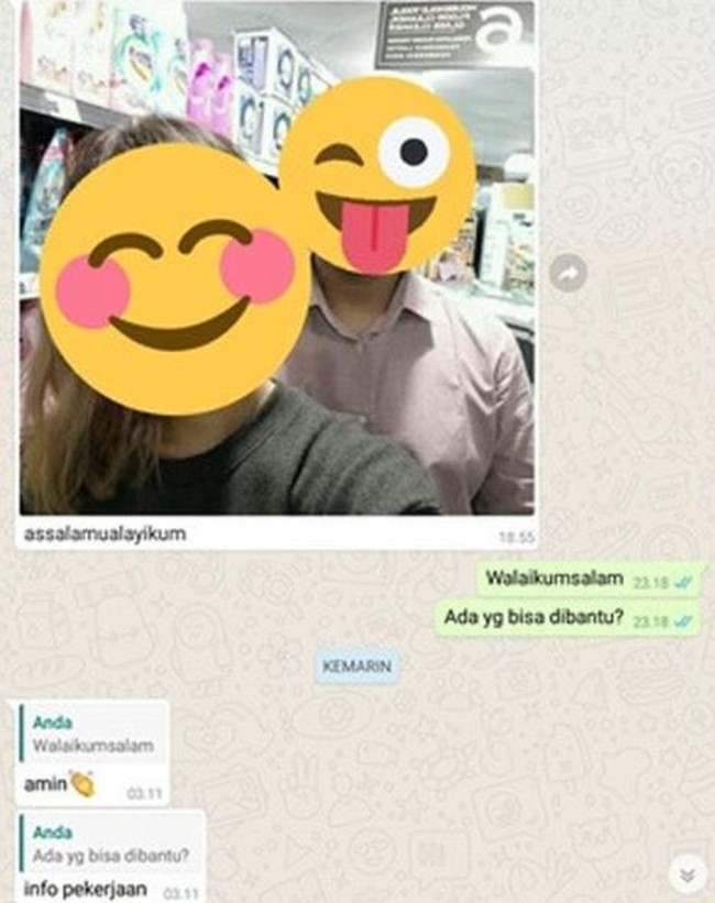 Niatnya cuma mau tanya lowongan pekerjaan saja, tapi pakai kirim foto segala. Ada yang pernah menemukan pelamar yang seperti ini juga? Foto: instagram.com/@duhreceh.id