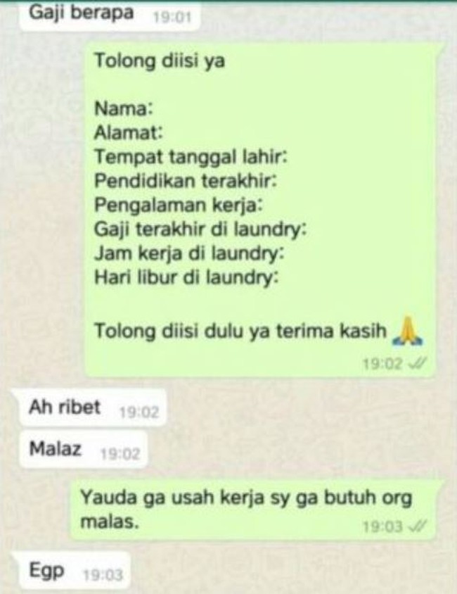 Jawaban dari si pelamar sungguh di luar dugaan. Nggak heran kalau dia tak kunjung dapat kerjaan deh.. Foto: instagram.com/@duhreceh.id