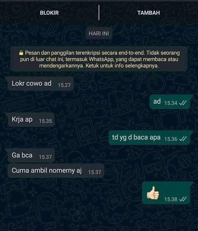 Definisi pelamar yang malas membaca. Nanya lowongan kerja tapi nggak dibaca dulu kerjaan yang dicarinya apa. Bikin elus-elus dada aja. Foto: instagram.com/@duhreceh.id