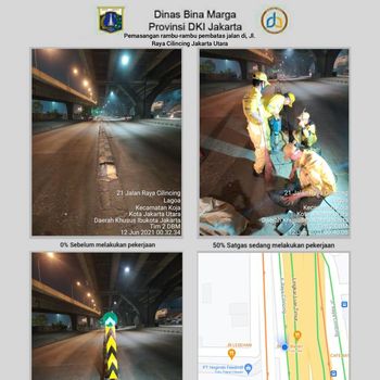 Dinas Bina Marga DKI Jakarta pasang pembatas jalan di Jl Raya Cilincing depan Halte Bus Airin.