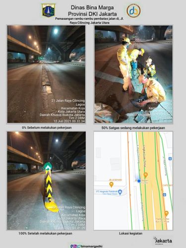 Dinas Bina Marga DKI Jakarta pasang pembatas jalan di Jl Raya Cilincing depan Halte Bus Airin.