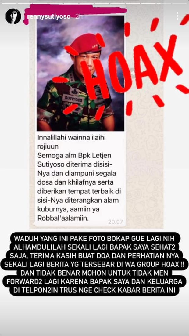 Pihak keluarga tepis kabar eks Gubernur DKI Jakarta Sutiyoso meninggal dunia (Instragram Story @rennysutiyoso)