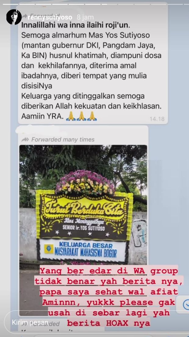 Pihak keluarga tepis kabar eks Gubernur DKI Jakarta Sutiyoso meninggal dunia (Instragram Story @rennysutiyoso)