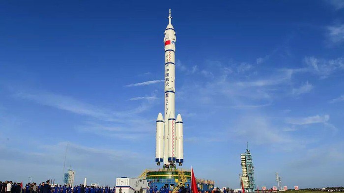 A Long March-2F rocket will carry the first crew to Chinas new space station (STR/China News Service (CNS)/AFP/File)