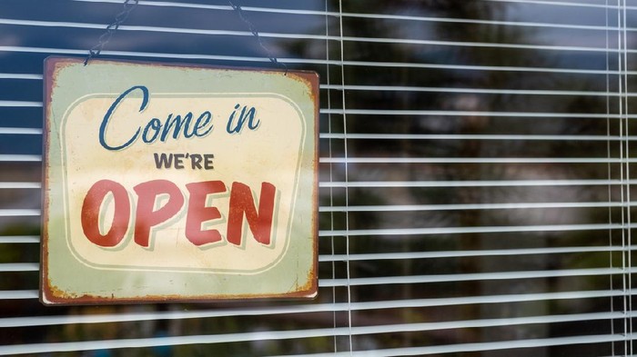 bye corona Come in were OPEN sign on Entrance Window