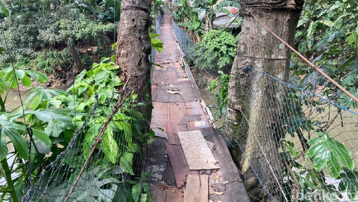 Jembatan gantung bak film Indiana Jones di Srengseng Sawah Jaksel-Depok, 16 Juni 2021. (Annisa Rizky Fadhila/detikcom)