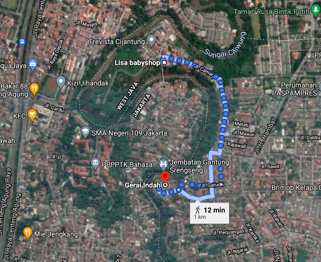 Lokasi jembatan gantung Srengseng Sawah yang ada pada jarak 500 meter ke selatan dari Jembatan Wiratman Karkasa yang sudah diperbaiki pada 2018. (Google Map)