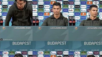Momen Ronaldo menyingkirkan Coca Cola dan menggantinya dengan air putih. Pemilik lima Ballon dOr itu memberi pesan jangan minum soda. Padahal, Coca-Cola adalah salah satu sponsor gelaran Euro 2020. Foto: Twitter