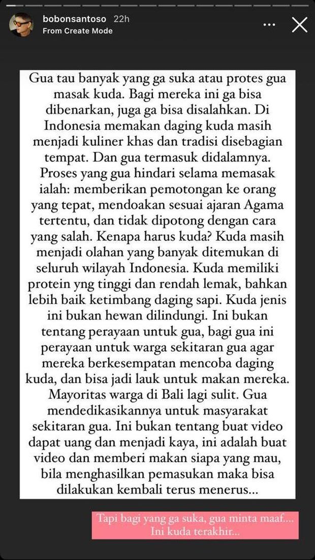Bobon Santoso Masak Daging Kuda, Picu Pro Kontra Netizen