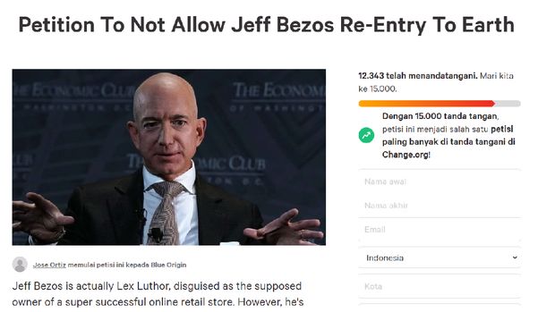 Petisi online larang Jeff Bezos kembali ke Bumi setelah terbang ke luar angkasa