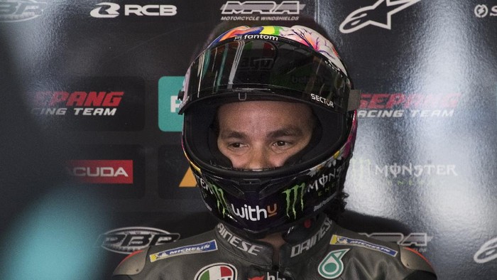 BARCELONA, SPAIN - JUNE 04: Franco Morbidelli of Italy and Petronas Yamaha SRT looks on in box during the MotoGP of Catalunya - Free Practice at Circuit de Barcelona-Catalunya on June 04, 2021 in Barcelona, Spain. (Photo by Mirco Lazzari gp/Getty Images)