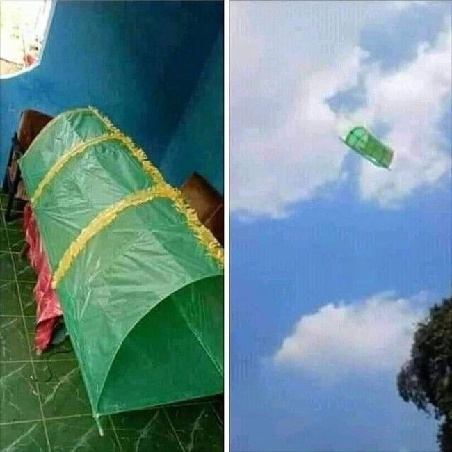 Sudah pernah lihat layangan berbentuk keranda kayak yang satu ini belum? Kalau lihat layangan yang kayak gini, apalagi pas malem-malem, pasti auto merinding deh.. Foto: Instagram