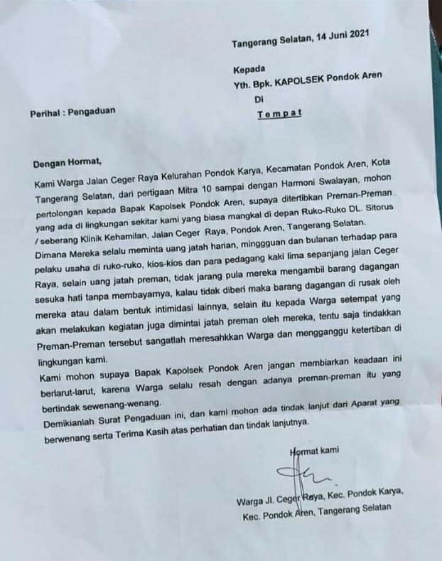 Surat warga Pondok Aren, Tangsel ke Kapolsek yang viral di medsos.
