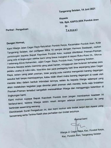 Surat warga Pondok Aren, Tangsel ke Kapolsek yang viral di medsos.