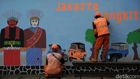 Mural bertema Jakarta Kota Kolaborasi itu menampilkan beragam gambar mulai dari ondel-ondel hingga bajaj.