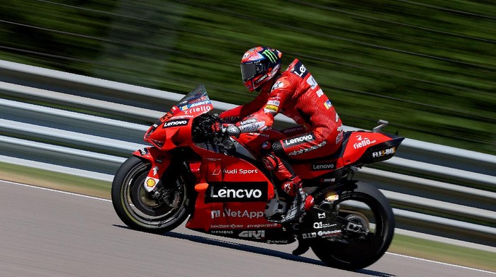 Ducati Lenovo Teams Italian rider Francesco Bagnaia steers his motorbike during the second free practice session ahead of the MotoGP Grand Prix of Germany at the Sachsenring Circuit on June 18, 2021 in Hohenstein-Ernstthal, eastern Germany. (Photo by Ronny Hartmann / AFP)