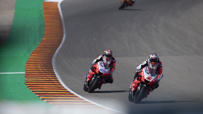 HOHENSTEIN-ERNSTTHAL, GERMANY - JUNE 19: Johann Zarco of France and Pramac Racing leads Jorge Martin of Spain and Pramac Racing during the MotoGP of Germany - Qualifying at Sachsenring Circuit on June 19, 2021 in Hohenstein-Ernstthal, Germany. (Photo by Mirco Lazzari gp/Getty Images)
