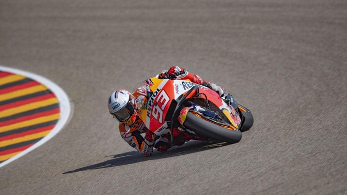 HOHENSTEIN-ERNSTTHAL, GERMANY - JUNE 19: Marc Marquez of Spain and Repsol Honda Team rounds the bend during the MotoGP of Germany - Qualifying at Sachsenring Circuit on June 19, 2021 in Hohenstein-Ernstthal, Germany. (Photo by Mirco Lazzari gp/Getty Images)