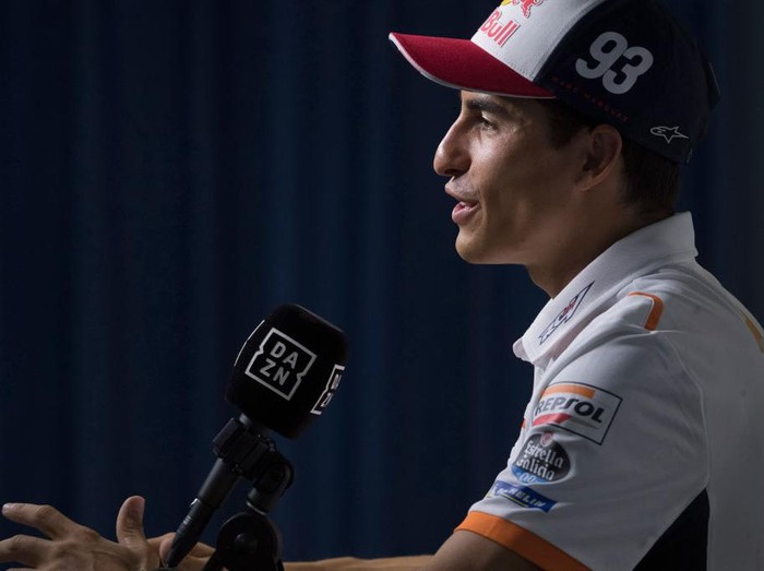 HOHENSTEIN-ERNSTTHAL, GERMANY - JUNE 17: Marc Marquez of Spain and Repsol Honda Team speaks with journalists in media center during the MotoGP of Germany - Previews at Sachsenring Circuit on June 17, 2021 in Hohenstein-Ernstthal, Germany. (Photo by Mirco Lazzari gp/Getty Images)
