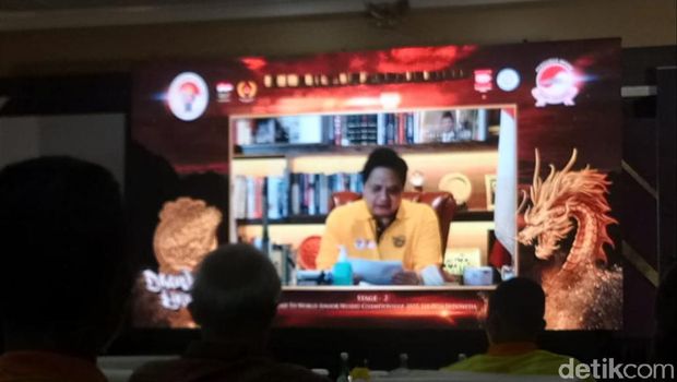 Suasana Sirkuit Nasional Wushu Taolu 2021 Tahap II secara Virtual di Yogyakarta. Ketua Umum Wushu Indonesia Airlangga Hartarto sempat memberikan keterangan secara daring.