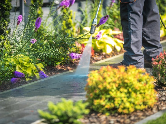 Pressure Washing Garden Path Closeup Photo. Cleaning Backyard Garden Cobble Pathway.