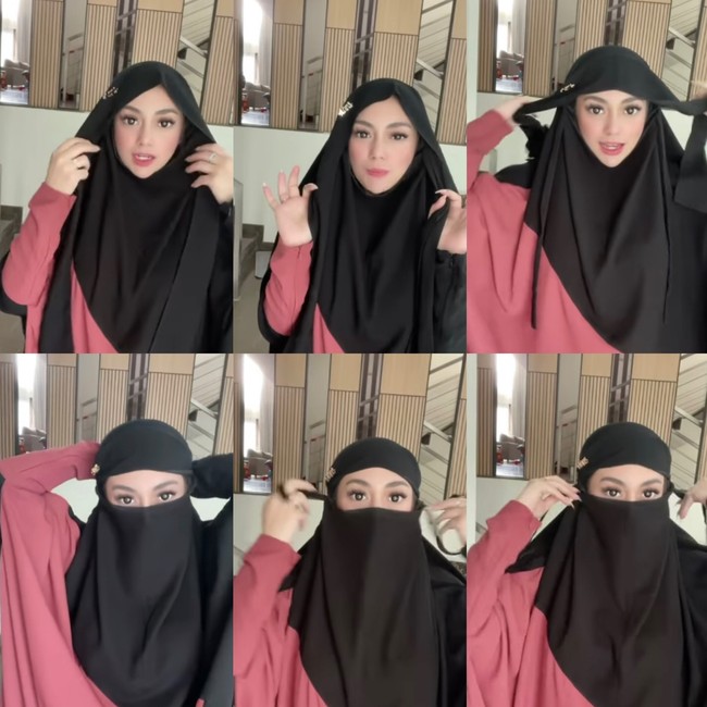 Wanita yang bernama lengkap Princessa Celine Evangelista Monica Maureen Richelle itu juga pernah membuat video review saat memakai niqab warna hitam dan menutupi sebagian wajahnya. Celine memadukan niqab hitam dengan gamis warna pink. Foto: Dok. Instagram @celine_evangelista.