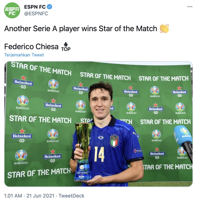 Italia tampil sempurna di fase grup Euro 2020 dengan menang beruntun dan tanpa kebobolan.