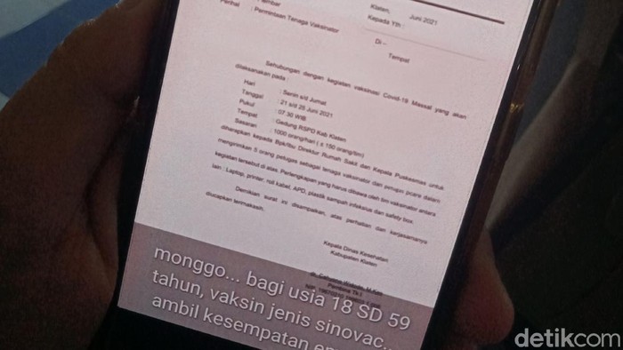 Postingan hoax soal undangan vaksinasi massal di RSPD Klaten, Senin (21/6/2021)