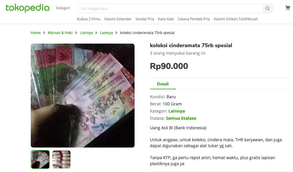 uang pecahan Rp75.000 (Tokopedia)