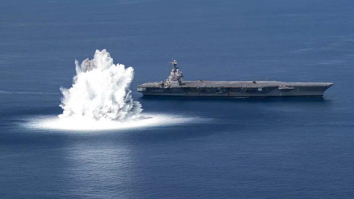 The USS Gerald R. Ford completes its first scheduled Full Ship Shock Trial in the Atlantic Ocean on June 18, 2021 (Jackson ADKINS US NAVY/AFP)