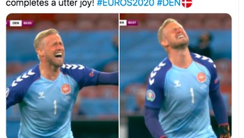 Kasper Schmeichel tak dapat menyembunyikan kegembiraannya. Dari yang semula nyaris putus asa, Denmark lolos dramatis. Foto: Twitter