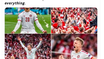 Sorak sorai pemain dan suporter Denmark merayakan kelolosan mereka. Foto: Twitter