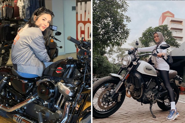 Sama-sama berpose di atas motor, mana yang menjadi favoritmu? Walaupun Nindy Ayunda dan Olla Ramlan memiliki gaya yang berbeda, tetapi tetap sama-sama terlihat keren ya.. Foto: dok. Instagram/@nindyayunda/@ollaramlanaufar