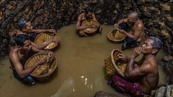 Sejumlah warga memakan ingkung bebek sebagai syarat membersihkan mata air Sendangsari yang merupakan petilasan Sunan Kalijaga saat tradisi sedekah bumi di Desa Sugihmanik, Tanggungharjo, Grobogan, Jawa Tengah, Rabu (23/6/2021). 