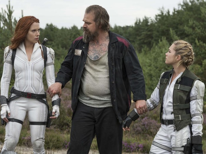 Marvel Studios BLACK WIDOW

L to R: Alexei (David Harbour), Black Widow/Natasha Romanoff (Scarlett Johansson) and Yelena (Florence Pugh) 

Photo: Jay Maidment

©Marvel Studios 2020