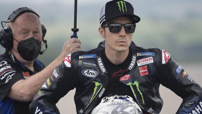HOHENSTEIN-ERNSTTHAL, GERMANY - JUNE 20: Maverick Vinales of Spain and Monster Energy Yamaha MotoGP Team prepares to start on the grid during the MotoGP race during the MotoGP of Germany - Race at Sachsenring Circuit on June 20, 2021 in Hohenstein-Ernstthal, Germany. (Photo by Mirco Lazzari gp/Getty Images)