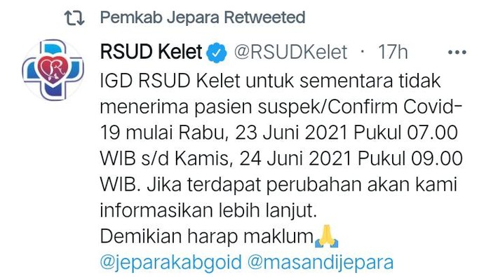 RSUD Kelet Jepara sempat tolak pasien Corona gegara kendala pasokan oksigen, Kamis (24/6/2021).