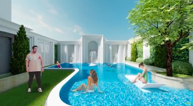 Akan ada kolam renang di halaman belakang. Desainnya mengingatkan pada kolam renang di hotel-hotel bintang lima. (Foto: YouTube/Ivan Gunawan)