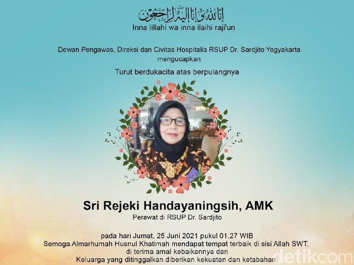 Perawat RSUP Dr Sardjito Yogyakarta, Sri Rejeki Handayaningsih, gugur positif Corona, Sleman, Jumat (25/6/2021).