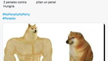 Meme Shiba Inu untuk Ronaldo. Dengan penalti jadi kekar, tanpa penalti jadi cupu (Twitter)