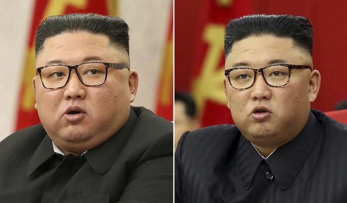 This combination of file photos provided by the North Korean government, shows North Korean leader Kim Jong Un at Workers Party meetings in Pyongyang, North Korea, on Feb. 8, 2021, left, and June 15, 2021. Last time when Kim faced rumors about his health, the North Korean leader had walked with a cane, missed an important state anniversary or panted for breath. Now, the 37-year-old faces fresh speculation about his health because he looks thinner noticeably in recent state media images. Independent journalists were not given access to cover the event depicted in this image distributed by the North Korean government. The content of this image is as provided and cannot be independently verified. (Korean Central News Agency/Korea News Service via AP, File)