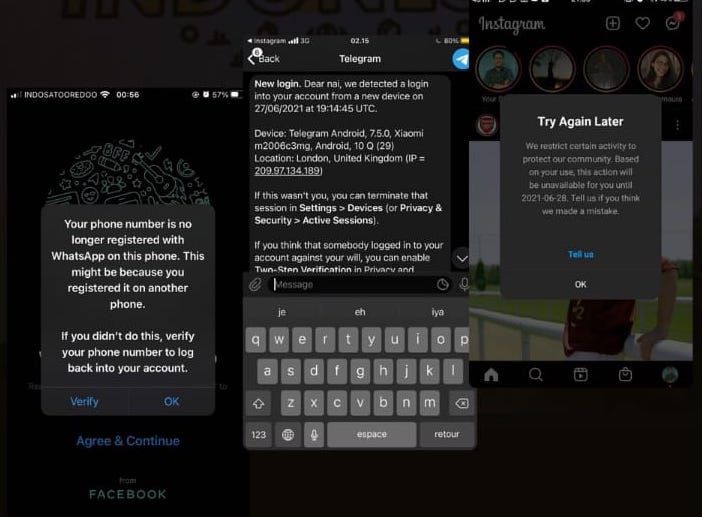 Peretasan terahadap akun WA, Telegram, dan Instagram sejumlah pengurus BEM UI. (Dok BEM UI)