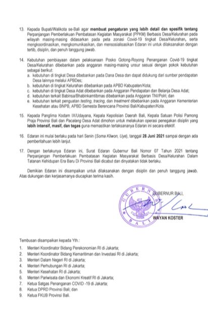 Surat Edaran Perpanjangan PPKM Provinisi Bali Surat Edaran Perpanjangan PPKM Provinisi Bali